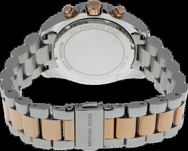Bracelet Michael Kors MK6074 en acier inoxydable or rose, maillons polis et satinés, fermoir déployant ajustable