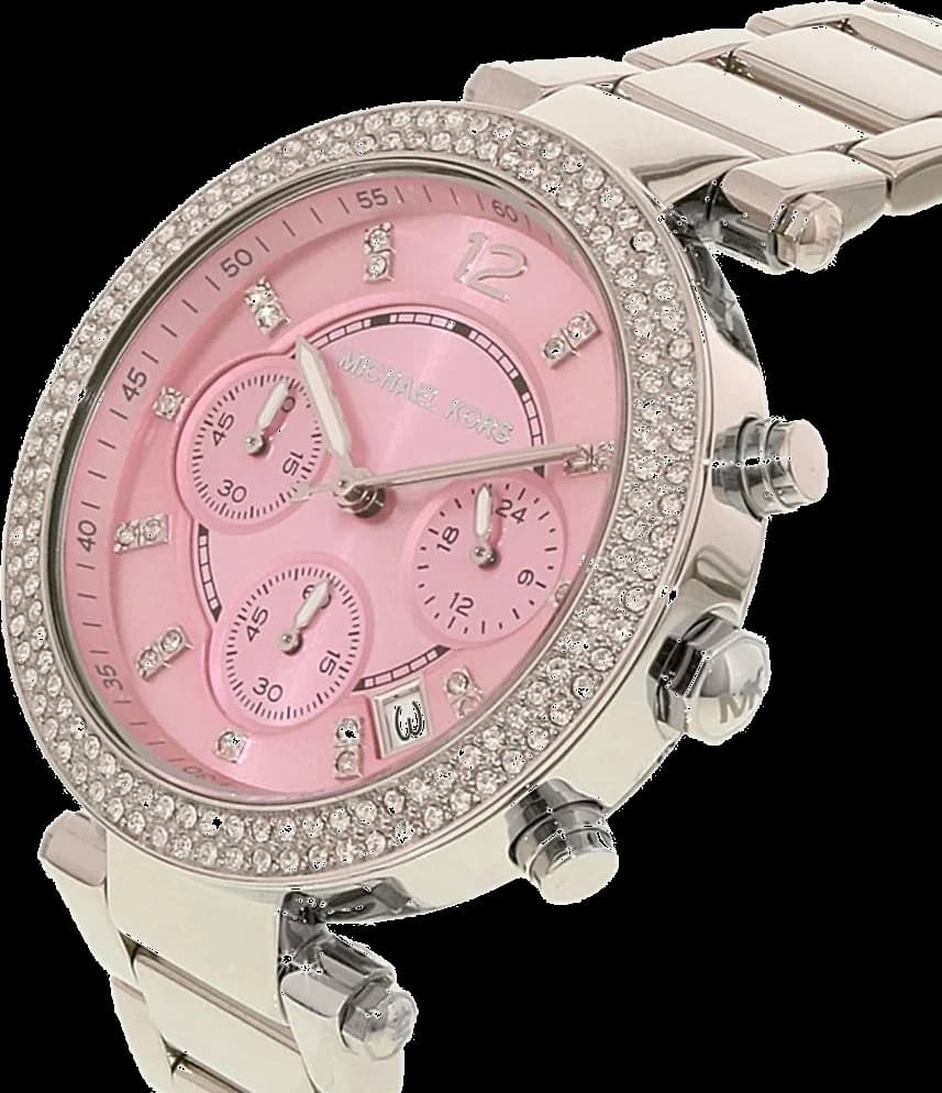 Cadran Michael Kors MK6105 avec compteurs chrono, date à 4h30, aiguilles dorées et cadran rose