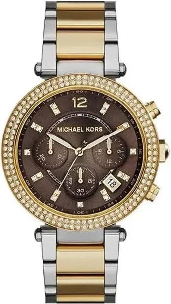 Montre Michael Kors MK6118 Parker chronomètre bi-ton, cadran blanc avec index dorés et aiguilles bâtons, style chic et sportif