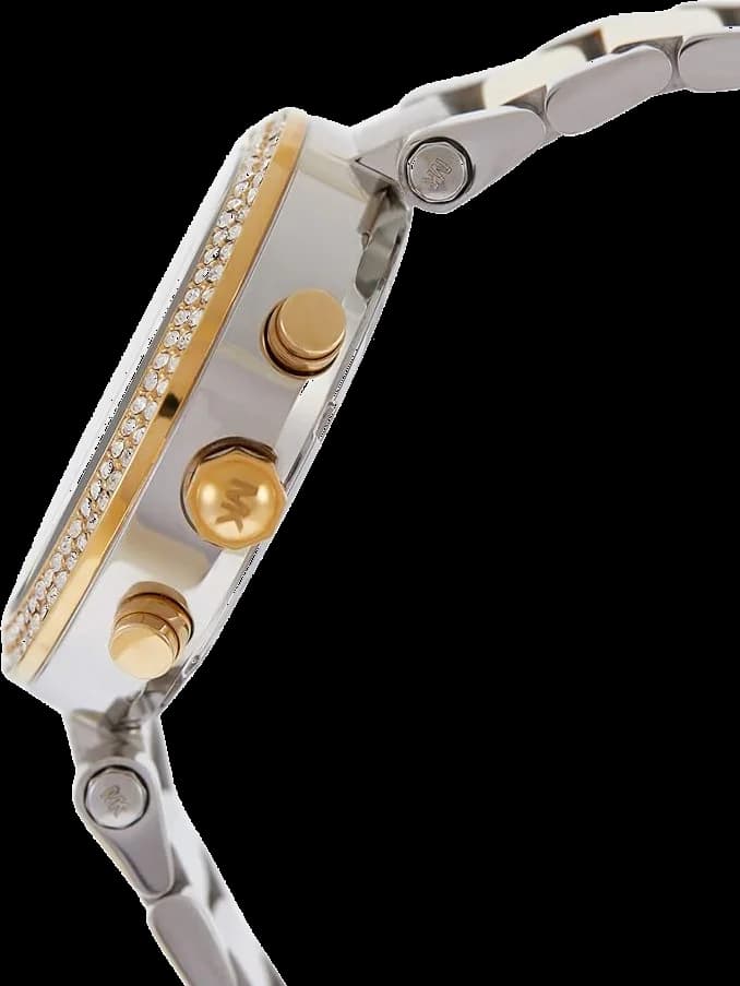 Cadran Michael Kors MK6118 blanc avec guichet date à 3h, index appliqués dorés, aiguilles bâtons et trotteuse fine, mouvement quartz chronographe