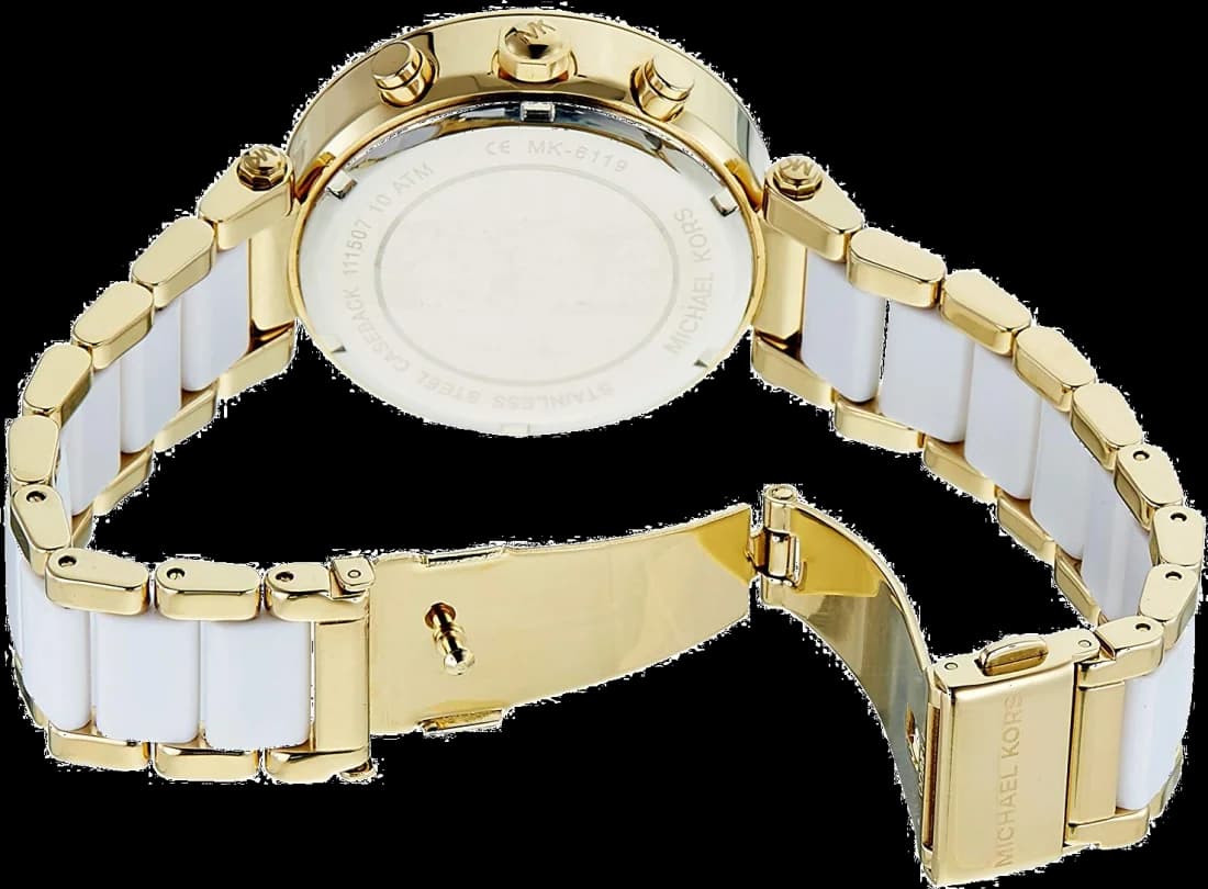 Boîtier Michael Kors MK6119 rond en acier bicolore, lunette lisse ornée de cristaux, profil fin, étanche 50m, allure sophistiquée