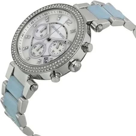Cadran Michael Kors MK6138 nacre aux reflets irisés, aiguilles dorées, date à 3h, index bâtons
