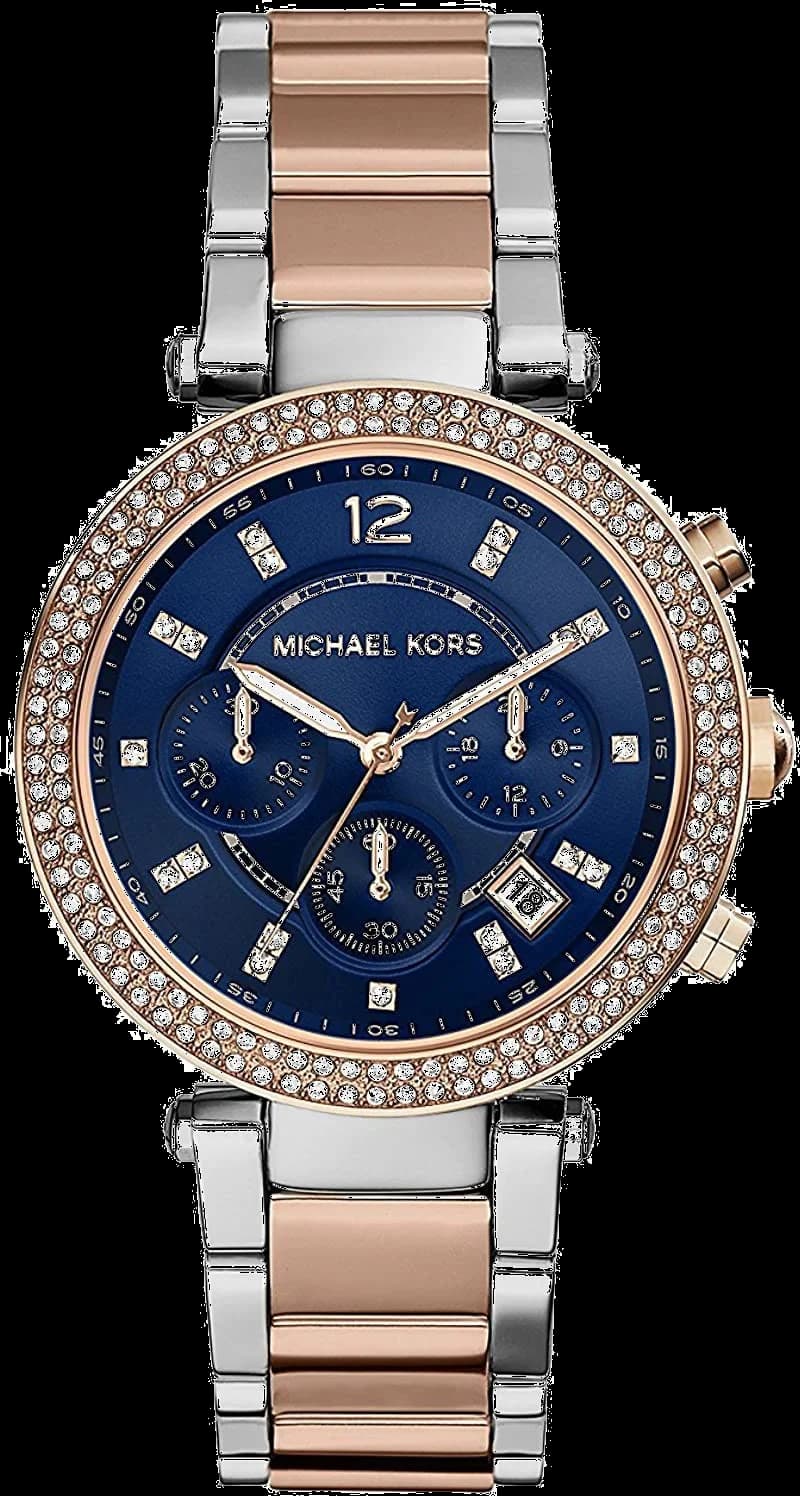 Montre Michael Kors MK6141 au cadran bleu soleil avec bracelet bicolore or rose et acier inoxydable, style chic et moderne