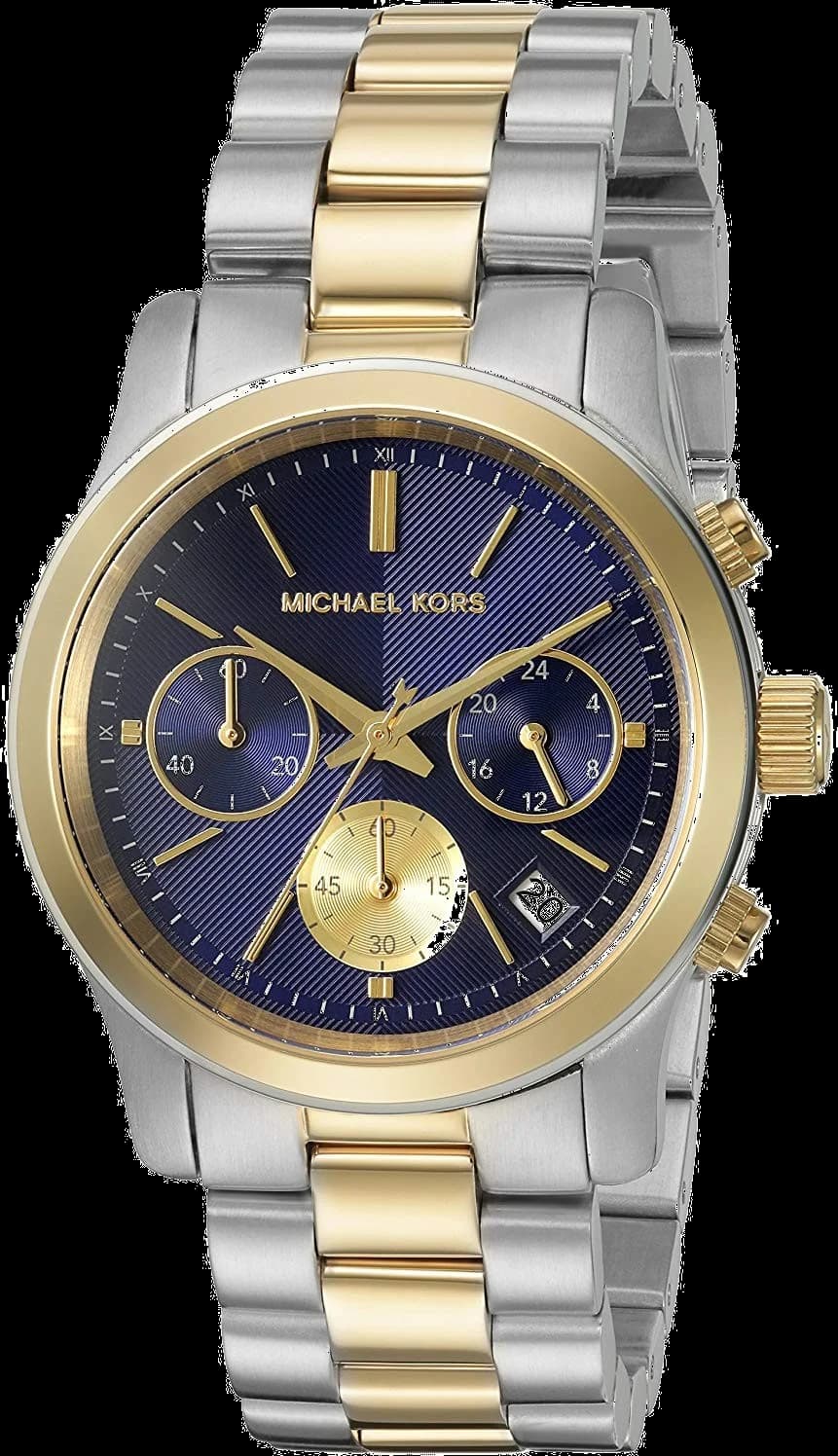 Montre Michael Kors MK6165 au cadran bleu lumineux et boîtier rond en acier bi-ton or et argent