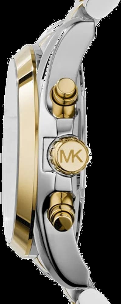 Cadran Michael Kors MK6165 avec index bâtons et aiguilles dorés sur fond bleu soleil, date à 3h