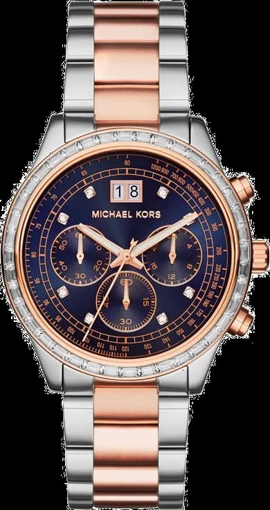 Montre Michael Kors MK6205 acier argenté bi-ton avec cadran blanc soleil, index dorés et aiguilles bâton, style chic et moderne