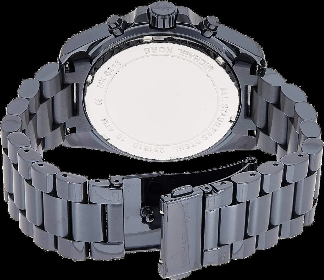 Boîtier Michael Kors MK6248 en acier inoxydable bleu, lunette lisse et verre minéral, vue profil épuré