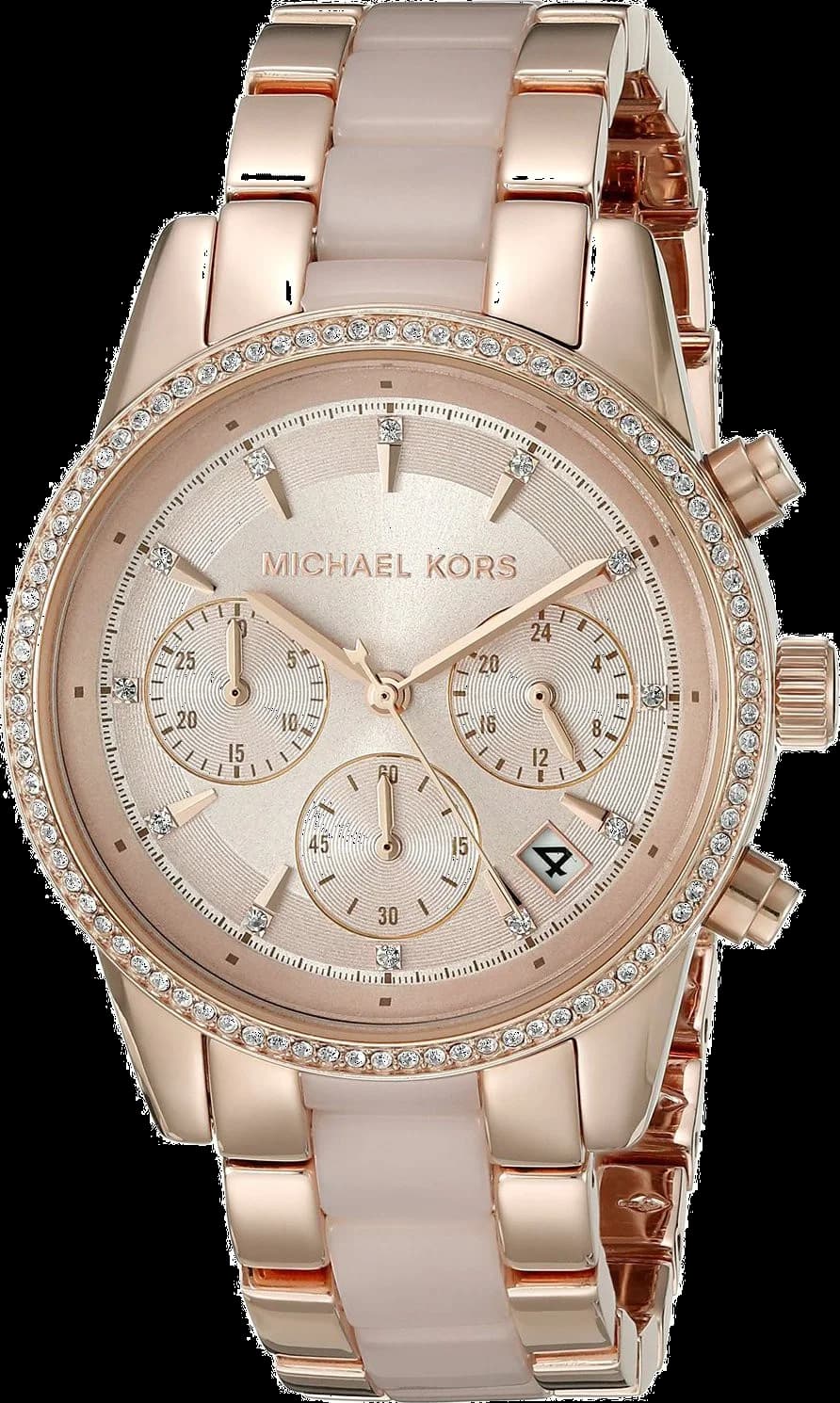 Montre Michael Kors MK6307 au cadran blanc nacré, index dorés et aiguilles bâton, style chic et féminin