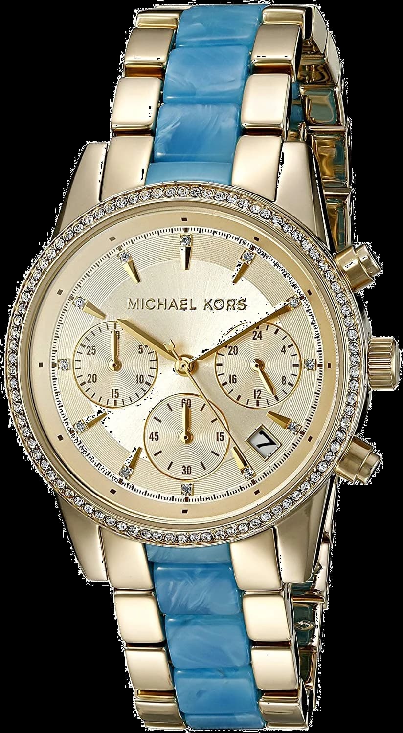Montre Michael Kors MK6328 au cadran bleu soleil, aiguilles dorées et index appliqués, style élégant et raffiné