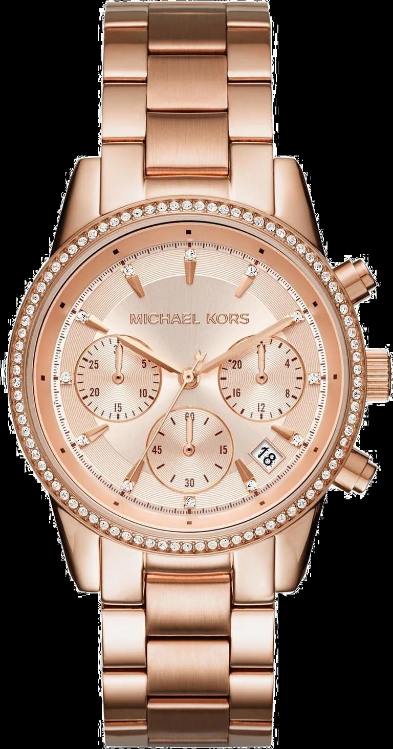 Montre Michael Kors MK6357 cadran blanc avec index dorés et aiguilles bâton, style chic et lumineux
