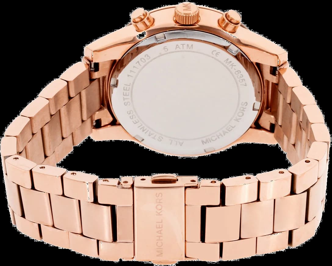 Cadran Michael Kors MK6357 affiche index appliqués dorés, aiguilles dauphine, date à 3h, fond soleil