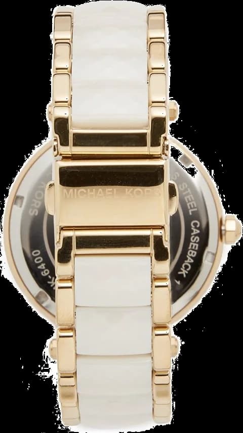 Cadran Michael Kors MK6400 en nacre blanc avec index bâtons dorés et aiguilles dorées, date à 3h