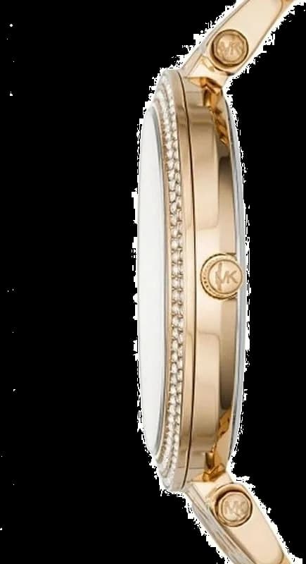 Bracelet Michael Kors MK6400 bicolore or et acier avec maille milanaise dorée et liseré blanc, fermoir déployant