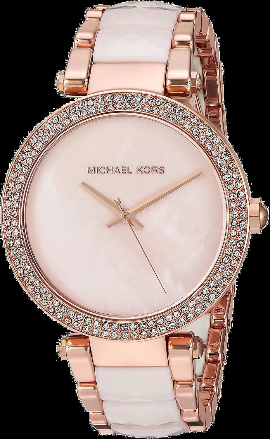 Montre Michael Kors MK6402 au cadran blanc nacré, acier bicolore et cristaux scintillants, style chic et féminin