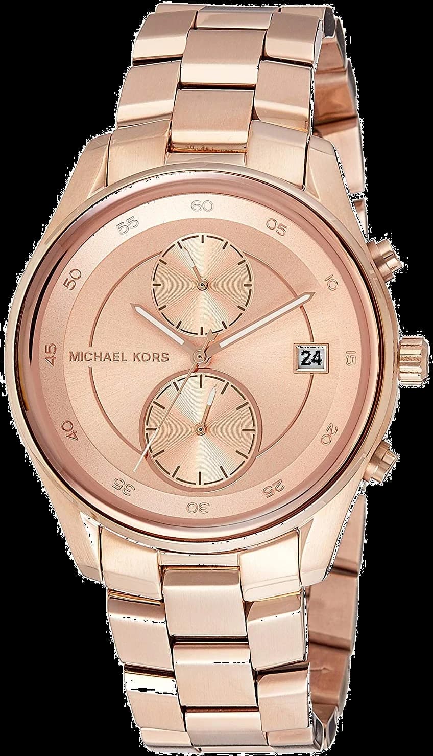 Montre Michael Kors MK6465 au cadran or rose soleillé avec index bâtons et aiguilles dorées, style chic et féminin