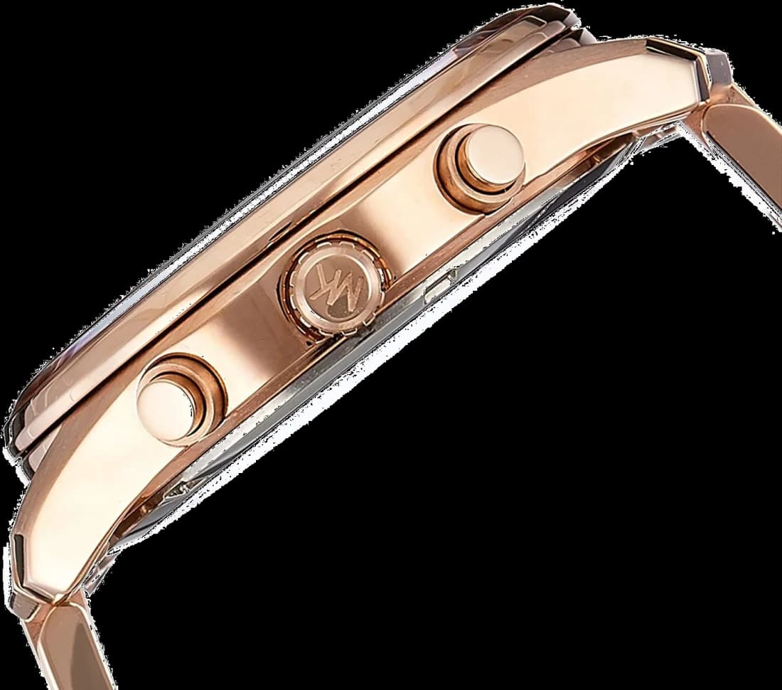 Cadran Michael Kors MK6465 avec index bâtons appliqués, aiguilles dorées et date à 3h, cadran or rose soleillé