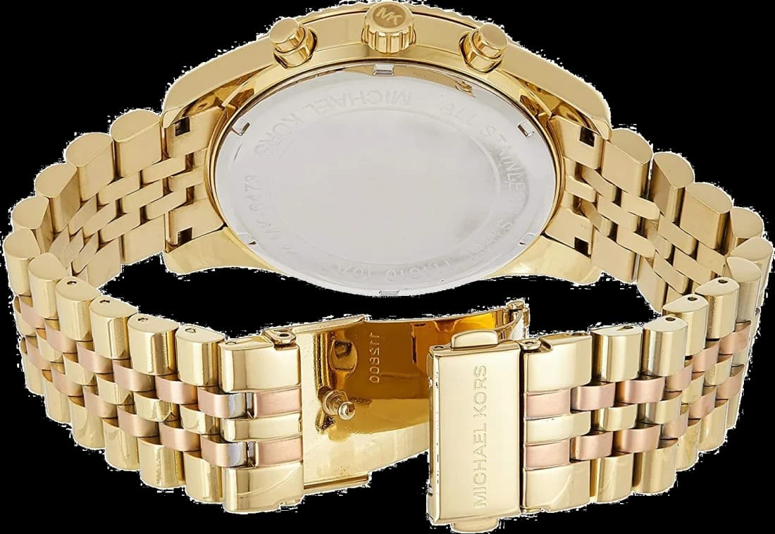 Boîtier Michael Kors MK6473 rond en acier doré rose 38 mm, lunette lisse, verre minéral, profil élégant