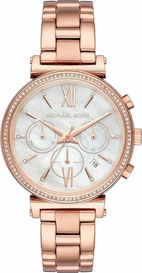 Montre Michael Kors MK6576 en métal plaqué or rose, cadran blanc nacré et index dorés, style chic et féminin
