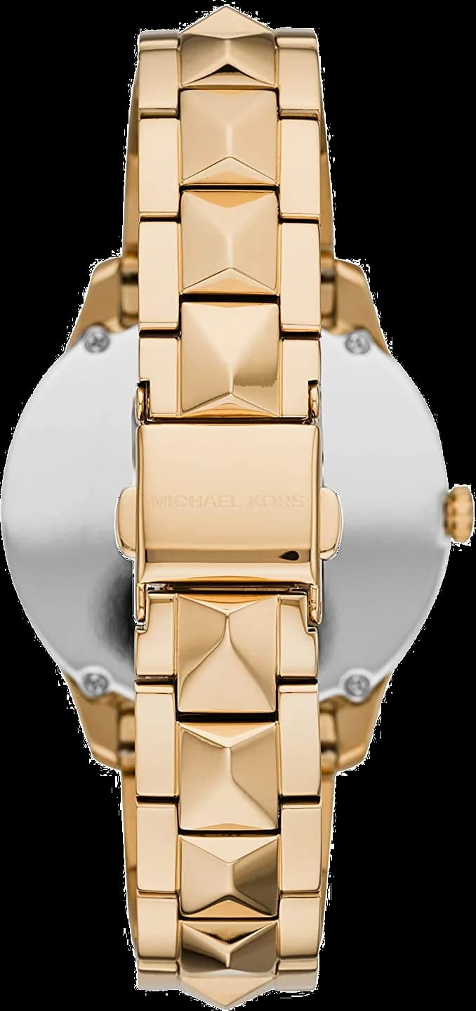 Cadran Michael Kors MK6670 affichant index dorés et aiguilles bâtons sur fond soleil turquoise
