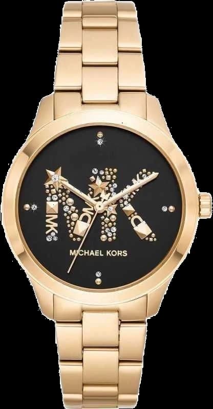 Montre Michael Kors MK6682 en acier doré avec cadran blanc gravé et index dorés, style chic et lumineux