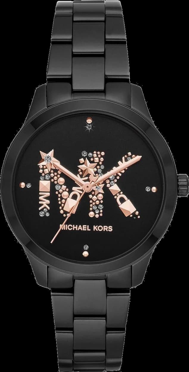 Montre Michael Kors MK6683 au cadran noir soleillé avec index bâtons argentés et aiguilles luminescentes, style chic et moderne