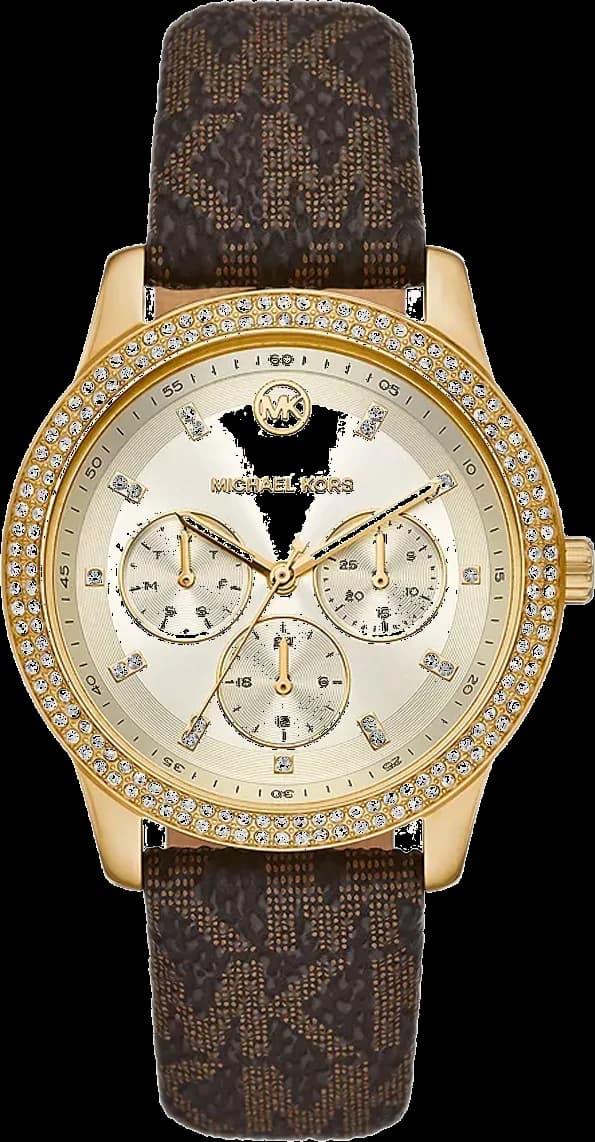 Montre Michael Kors MK6966 au cadran noir soleil avec index dorés et trois sous-cadrans multifonctions, style chic et féminin
