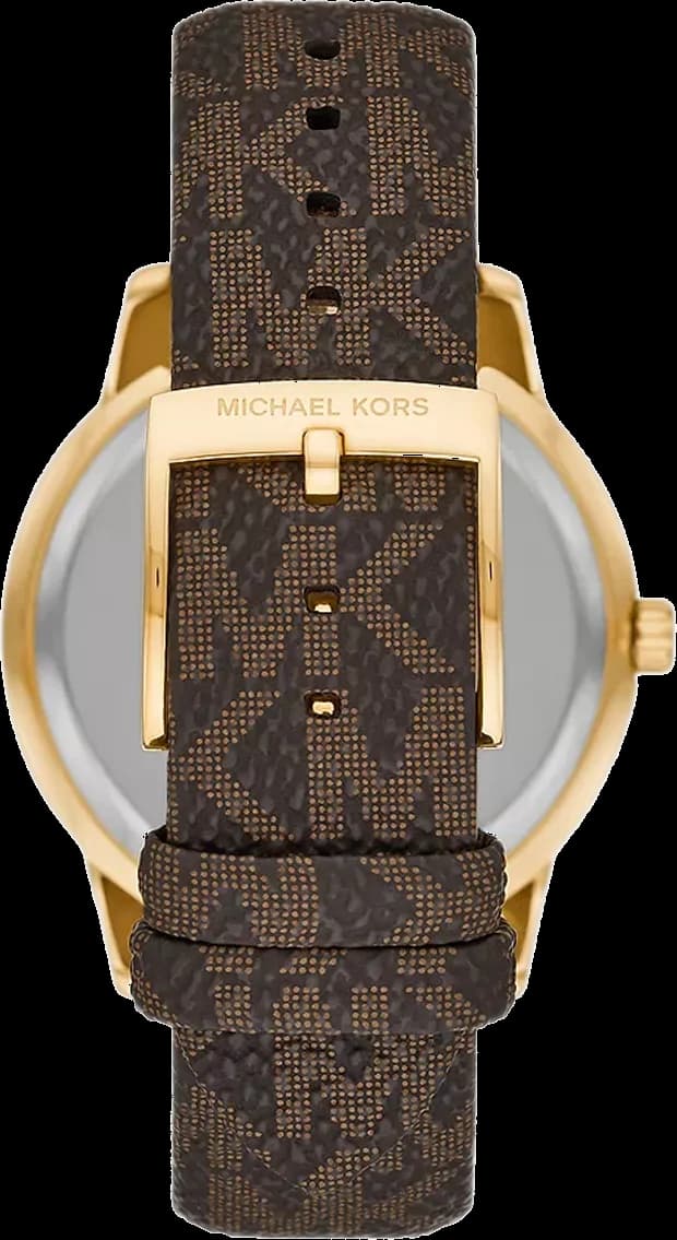 Cadran Michael Kors MK6966 au cadran noir texturé, aiguilles dorées, index bâtons et chiffres romains, complications jour-date-24h