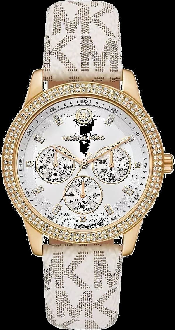 Montre Michael Kors MK6967 avec cadran blanc et index dorés, style chic et élégant