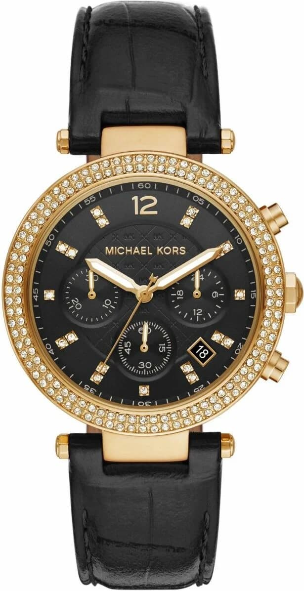 Cadran Michael Kors MK6984 au cadran noir orné d'index bâtons dorés et aiguilles lumineuses, date à 3h