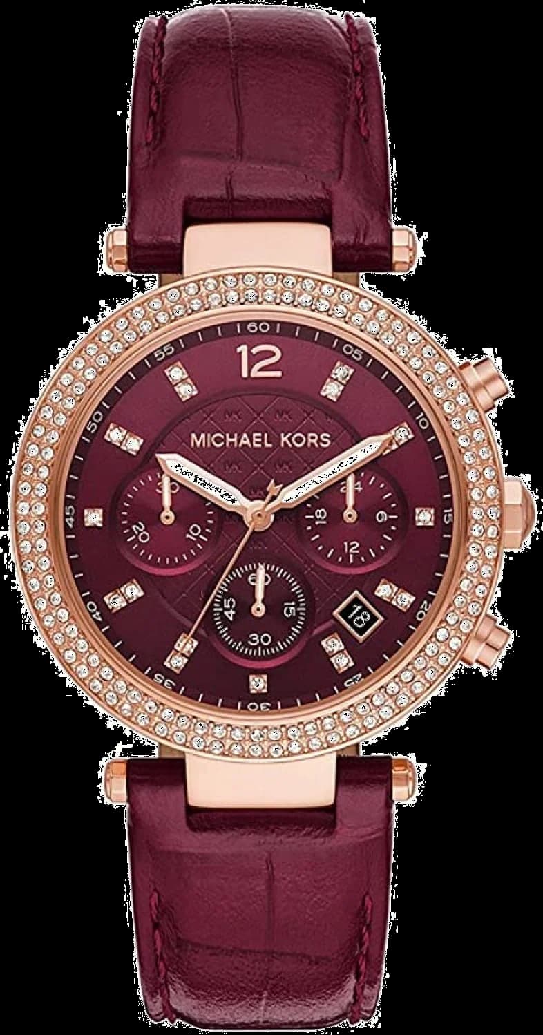 Montre Michael Kors MK6986 au cadran blanc nacré et index dorés, bracelet bordeaux pour un style chic et féminin