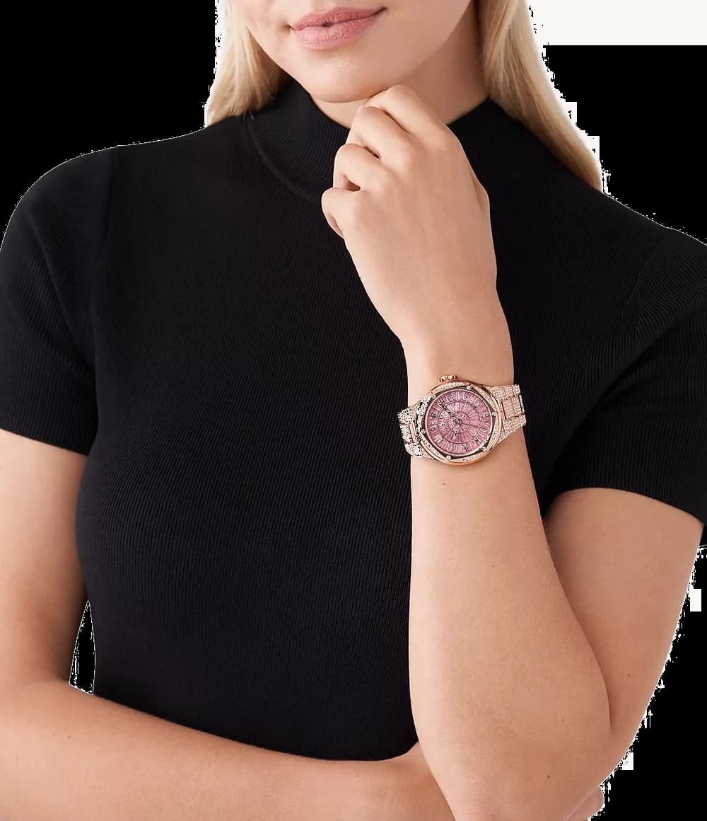 Boîtier Michael Kors MK6992 rond en acier inoxydable poli, lunette lisse et profil fin