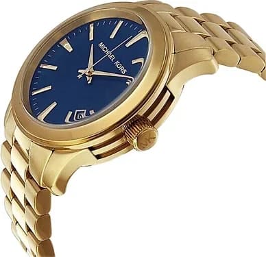 Cadran Michael Kors MK7049 bleu avec index bâtons dorés et aiguilles luminescentes, date à 3h