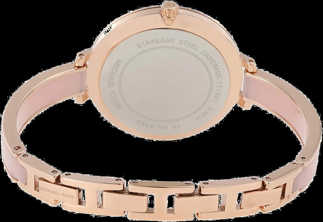 Cadran Michael Kors MK7119 blanc nacré avec index dorés, aiguilles bâton et date à 3h, élégant et raffiné