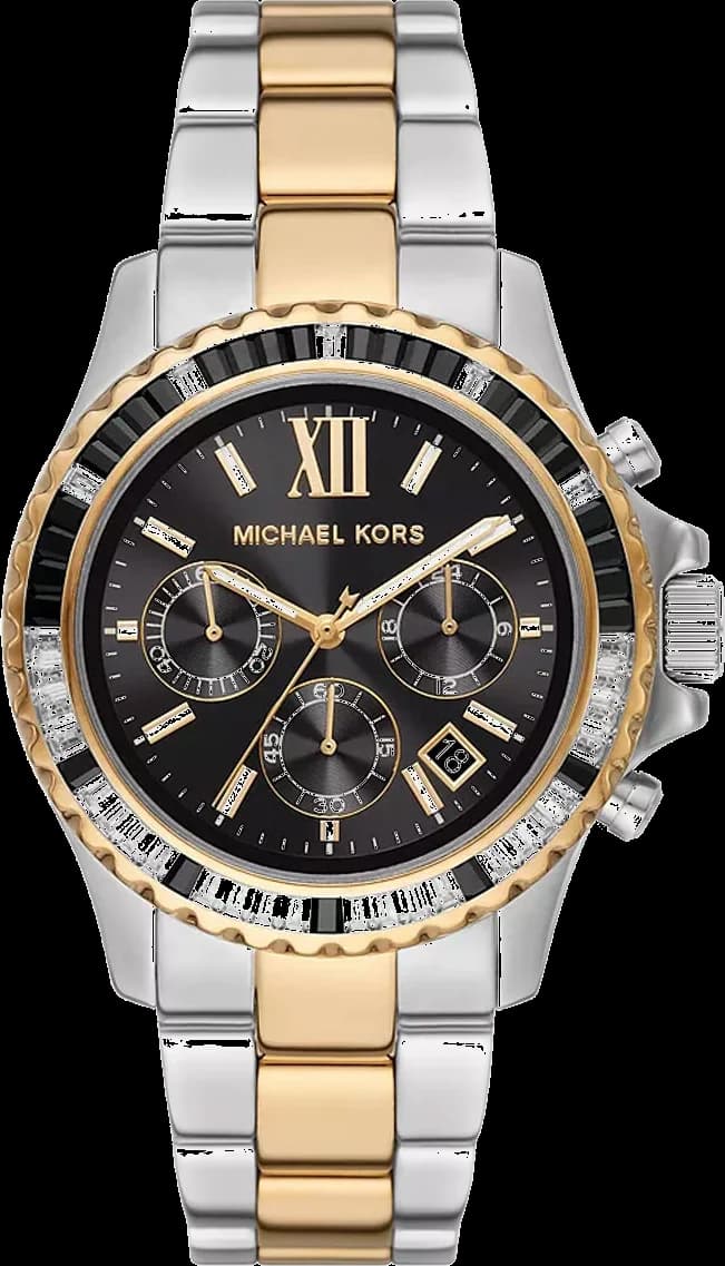 Montre Michael Kors MK7209 avec cadran noir orné de cristaux et index dorés, style chic et lumineux