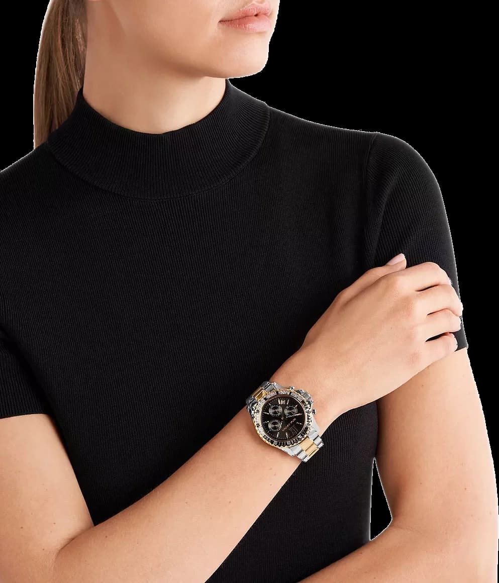 Cadran Michael Kors MK7209 au cadran noir détaille d'aiguilles dorées et compteurs chronographe sur fond scintillant