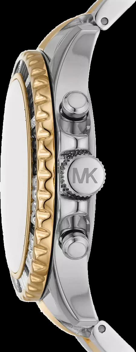 Boîtier Michael Kors MK7209 en acier inoxydable bicolore avec lunette pavée de cristaux, vue de profil élégante
