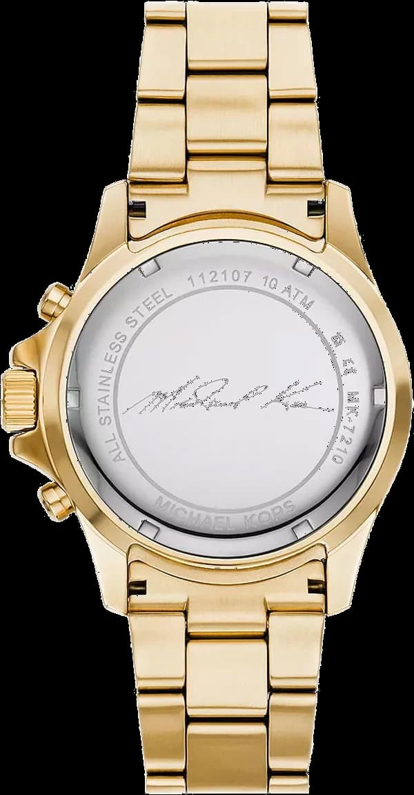 Boîtier Michael Kors MK7210 en acier doré, lunette lisse, verre minéral, couronne et poussoirs chronographe