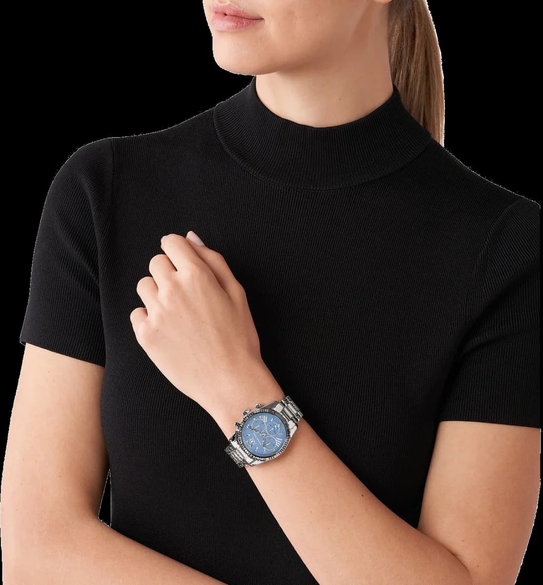 Boîtier Michael Kors MK7215 en acier bicolore, lunette lisse, verre minéral, profil fin et élégant, 38 mm