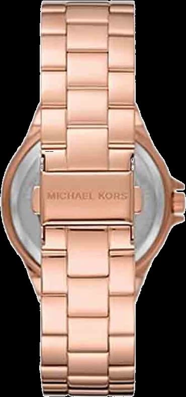 Cadran Michael Kors MK7230 blanc nacré avec index pavés de cristaux et logo Michael Kors à 12h, aiguilles dorées
