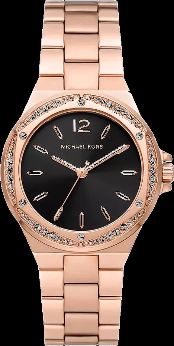 Montre Michael Kors MK7233 au cadran noir élégant sur fond soleil, boîtier doré rose et finitions dorées
