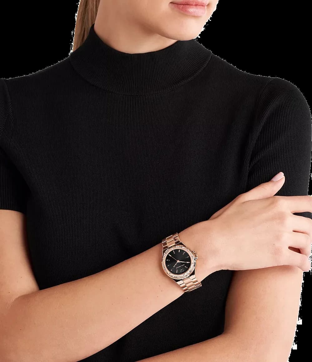 Boîtier Michael Kors MK7233 rond en acier inoxydable doré rose, lunette lisse, profil fin et verre minéral