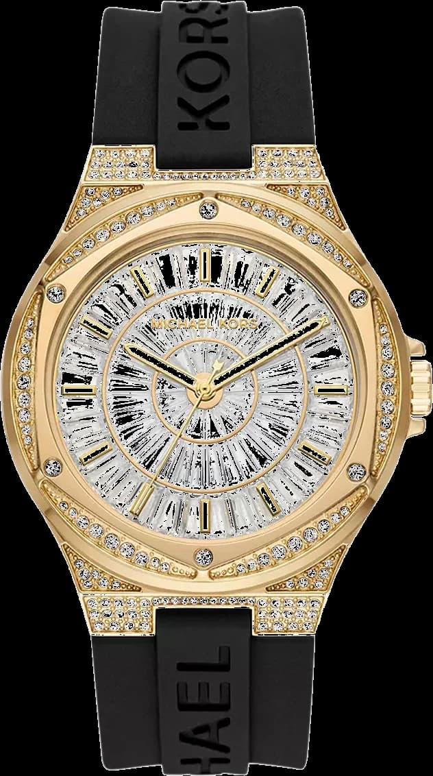 Montre Michael Kors MK7247 au cadran transparent laissant voir le mécanisme, style moderne et chic sur fond noir
