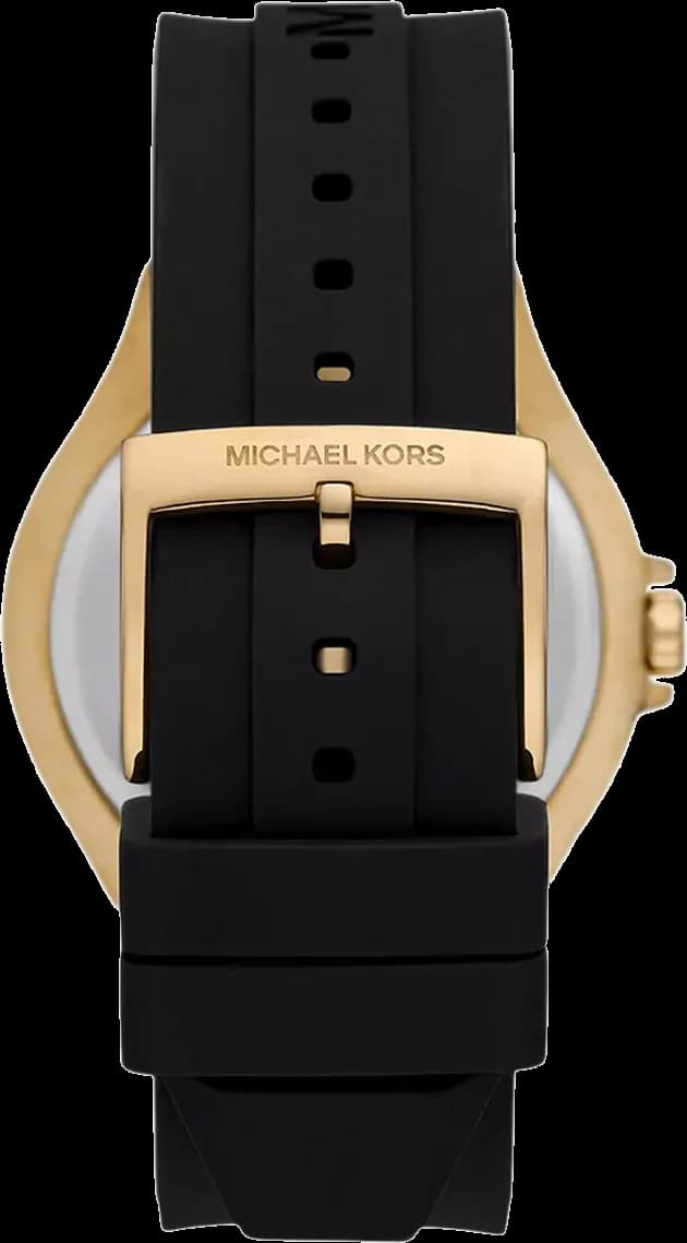 Cadran Michael Kors MK7247 transparent avec index dorés et aiguilles squelettes, affichage jour-date à 3h