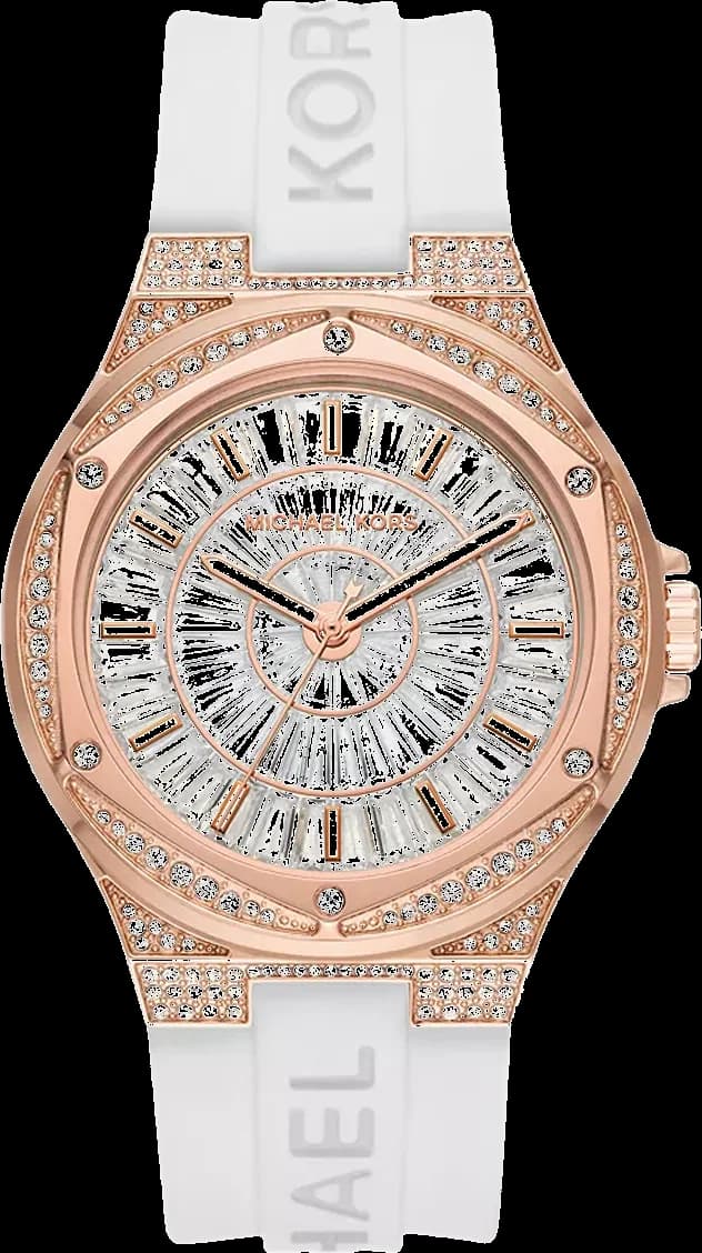 Montre Michael Kors MK7248 Lennox silicone blanc cadran orné de cristaux et aiguilles dorées