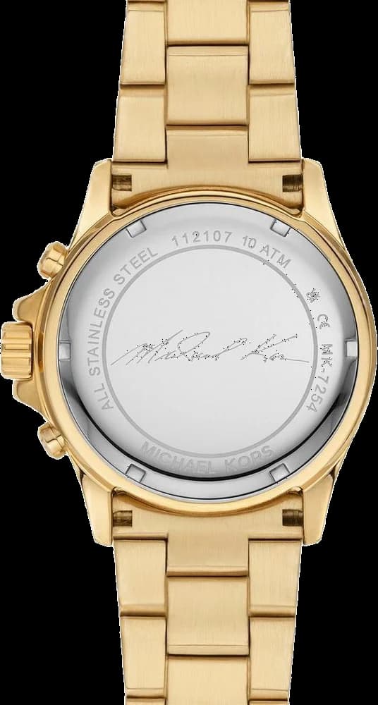 Boîtier Michael Kors MK7254 en acier doré avec lunette sertie de cristaux, vue de profil élégante
