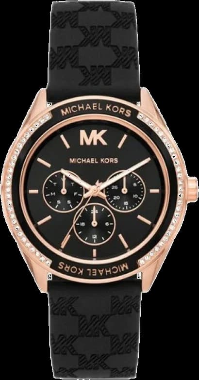 Montre Michael Kors MK7266 au cadran noir soleil et lunette en acier doré, style chic et moderne
