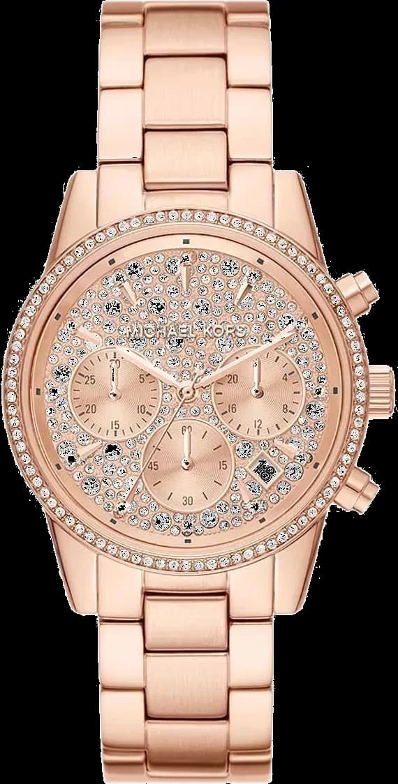 Montre Michael Kors MK7302 cadran blanc nacré avec cristaux et aiguilles dorées, style chic et lumineux