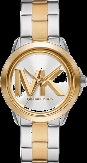 Montre Michael Kors MK7319 au cadran blanc et gris avec logo MK, finitions bicolores acier et or, style chic et féminin