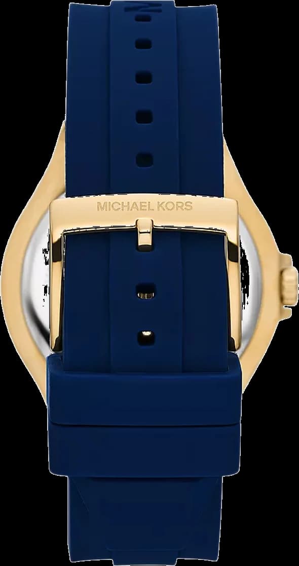 Cadran Michael Kors MK7333 avec index appliqués dorés, aiguilles dorées et date à 3h, cadran bleu soleil