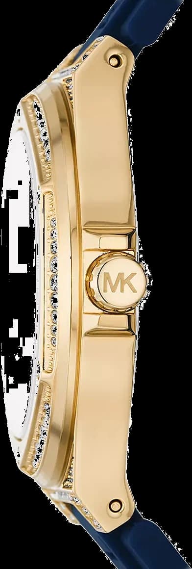 Bracelet Michael Kors MK7333 en silicone bleu avec boucle ardillon dorée, contraste élégant entre acier et silicone